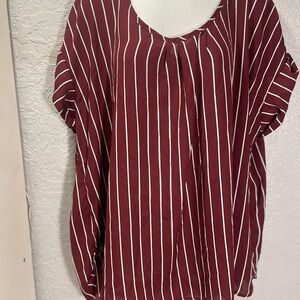 Vertical Stripe Burgundy Short Sleeve Blouse - Women